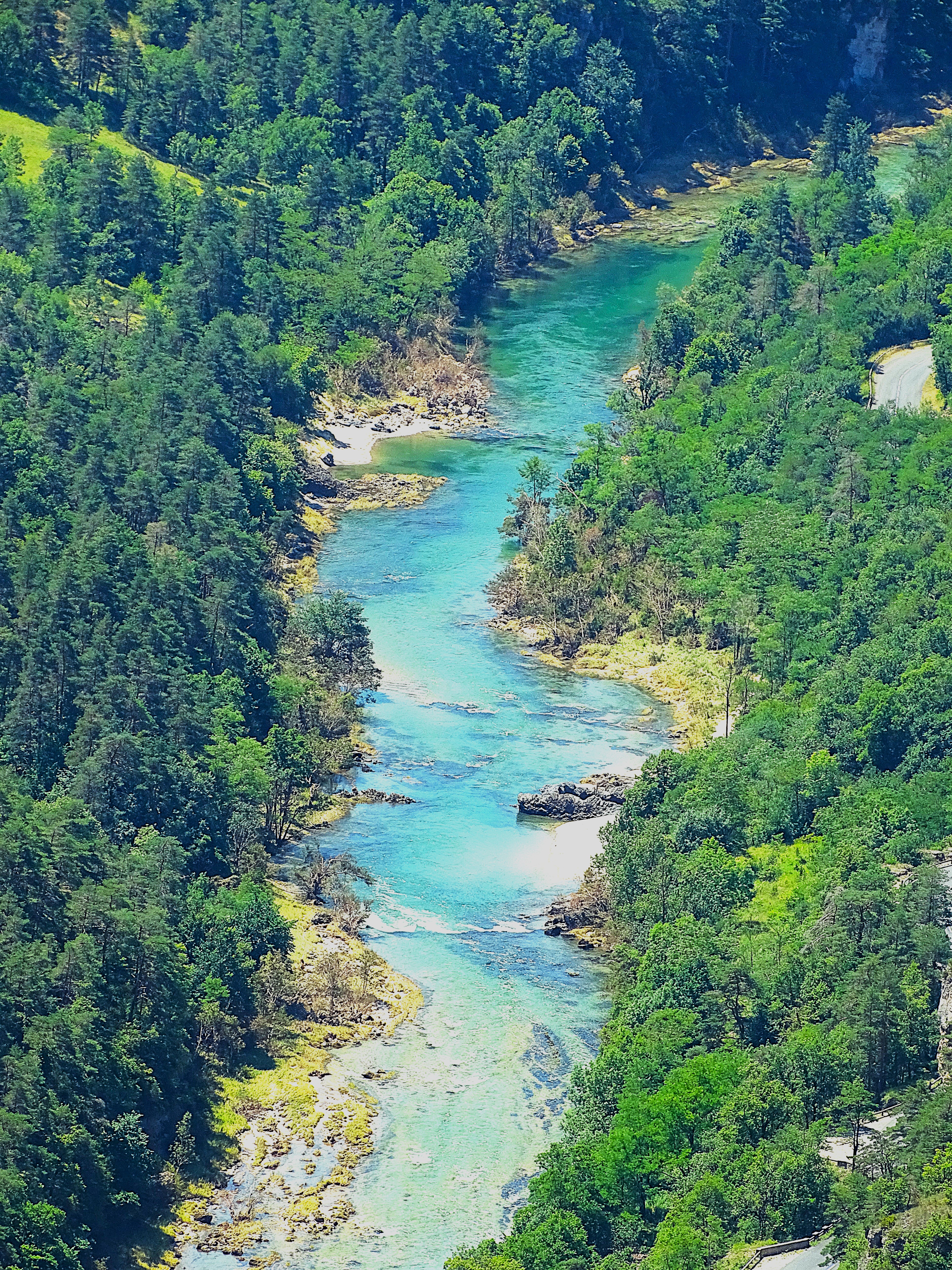 Rivière turquoise traversant une forêt dense en Occitanie